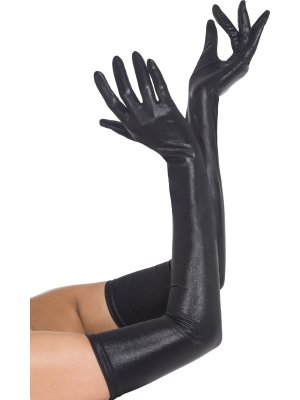 Lange Handschuhe im Wetlook in Schwarz